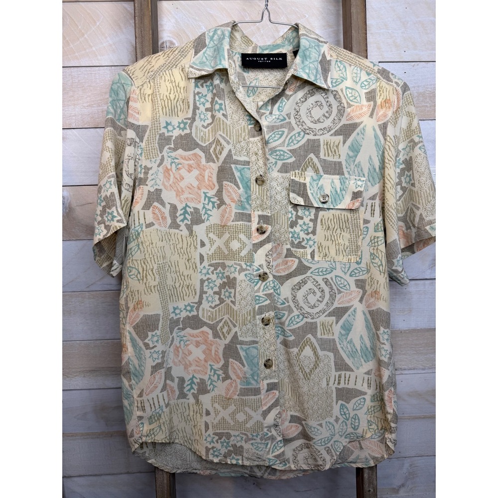 August Silk Petites 100% Silk Abstract Geometric Button Down Shirt Petite Medium